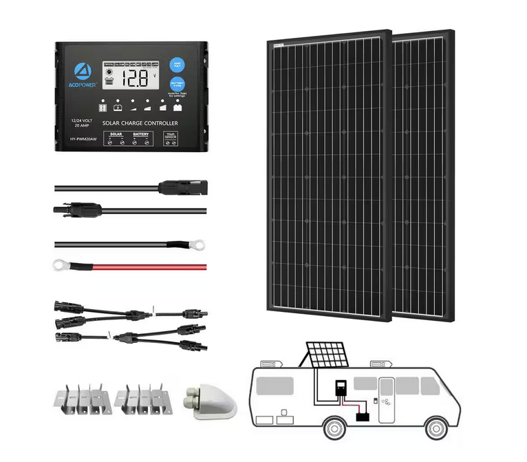 200-Watt Monocrystalline OffGrid Solar Power Kit with 2 x 100-Watt Solar Panel, 20 Amp PWM Charge Controller - 91006356533