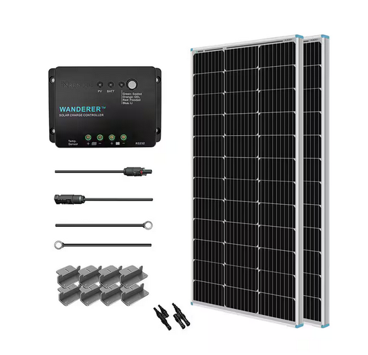 200-Watt 12-Volt Off-Grid Solar Starter Kit w/ 2-Piece 100W Monocrystalline Panel and 30A PWM Wanderer Charge Controller