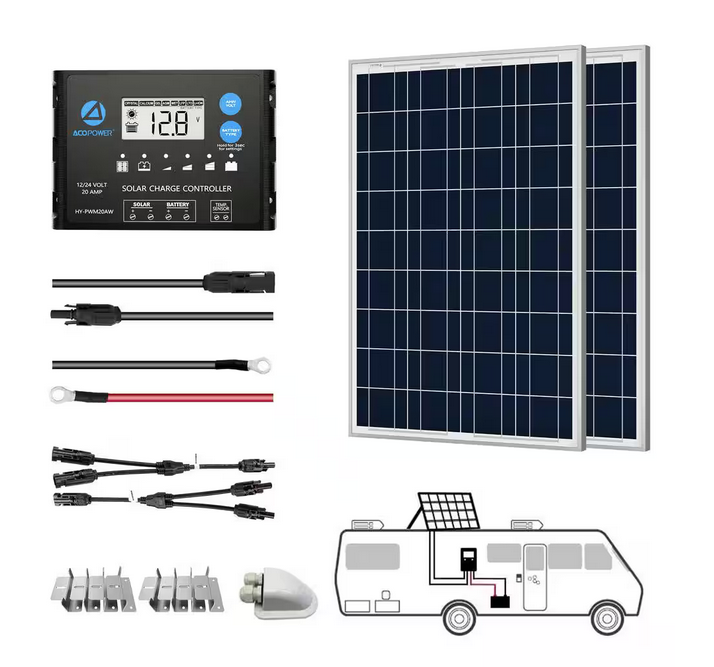 200-Watt Polycrystalline OffGrid Solar Power Kit with 2 x 100-Watt Solar Panel, 20 Amp PWM Charge Controller - 91006356476