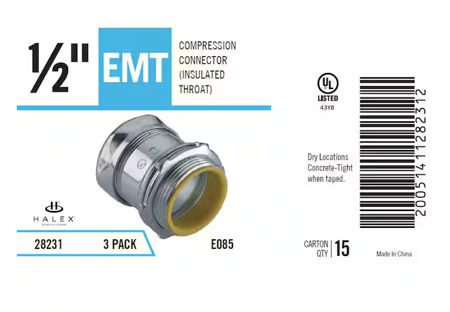 Electrical Metallic Tube (EMT) Compression Connectors 1/2 in. with Insulated Throats (3-Pack) - 9856509