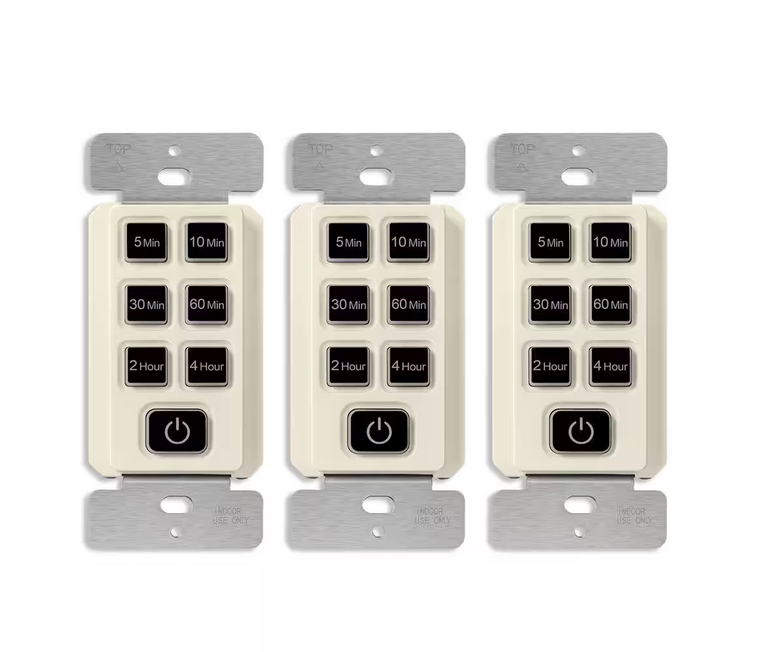 150-Watt 15 Amp Countdown Timer Switch, Push Button, Indoor, 240 Min, 1/2 HP, No Neutral Wire, Light Almond (3-Pack) - 91009519637