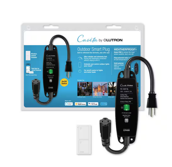 Caseta Weatherproof+ Outdoor Smart Plug with Pico Remote for Landscape/String Lights, 15A On/Off, Black (P-PKG1OUT-BL-R) - 91007693001